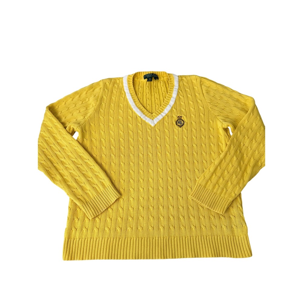 Lauren Ralph Lauren Cable Knit Sweater Size L Yellow V-Neck Cotton Crest Preppy
